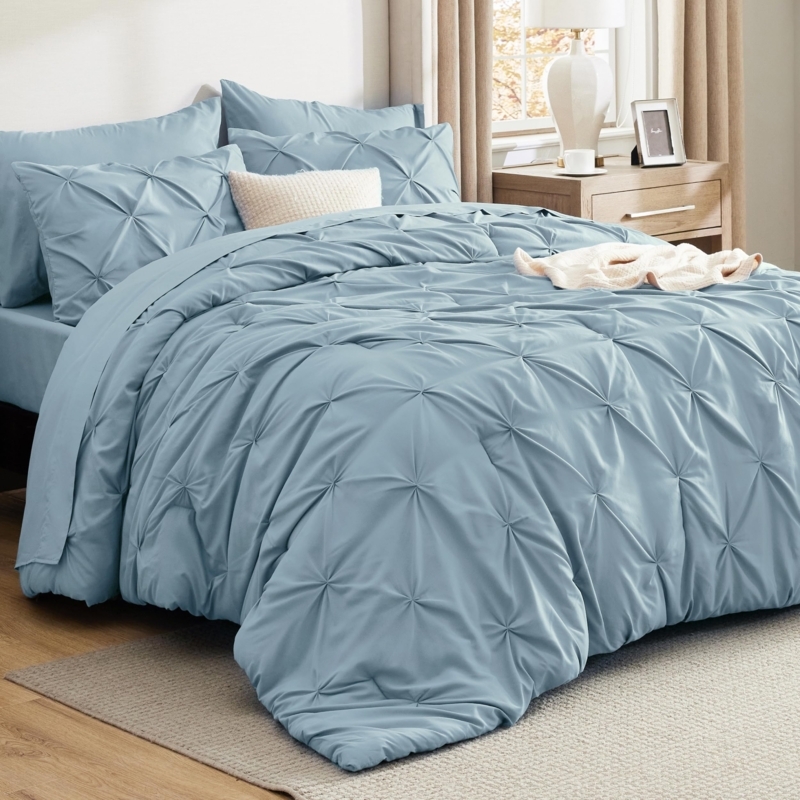 Comforter Set in Light Blue with Pinch Pleat Pintuck Texture