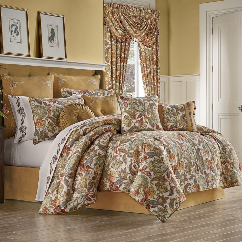 Comforter Set Ornate Teal and Gold Damask Traditional Bedding