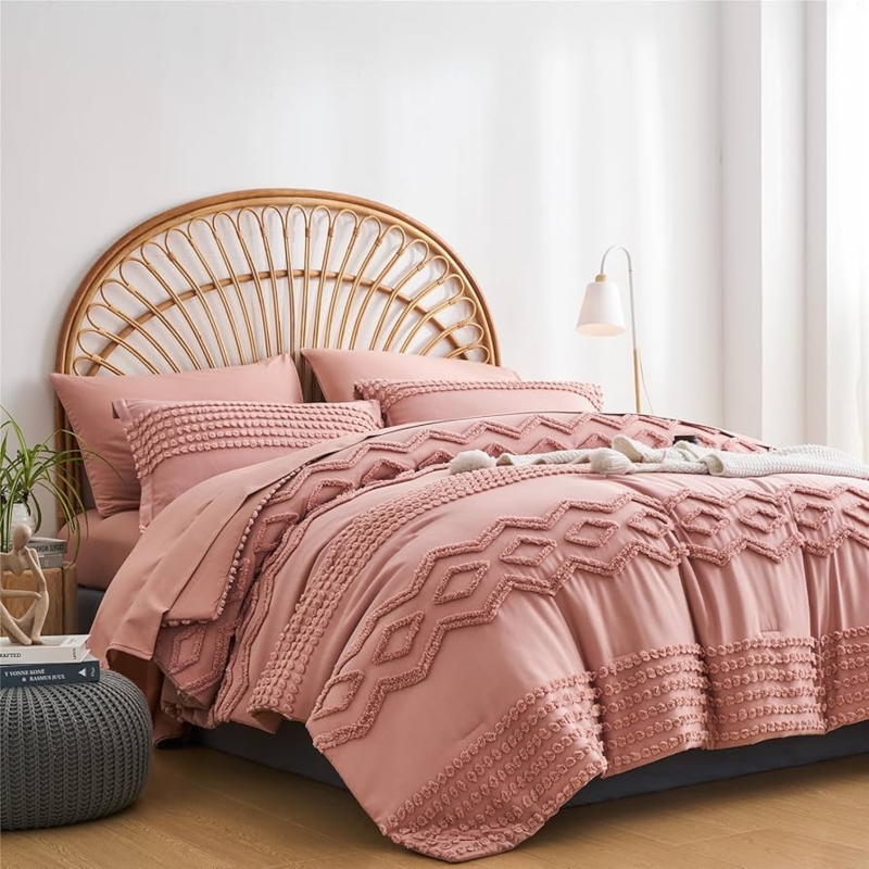 Comforter Set Pom Pom Texture Blush Pink Tufted Shabby Chic Bedding