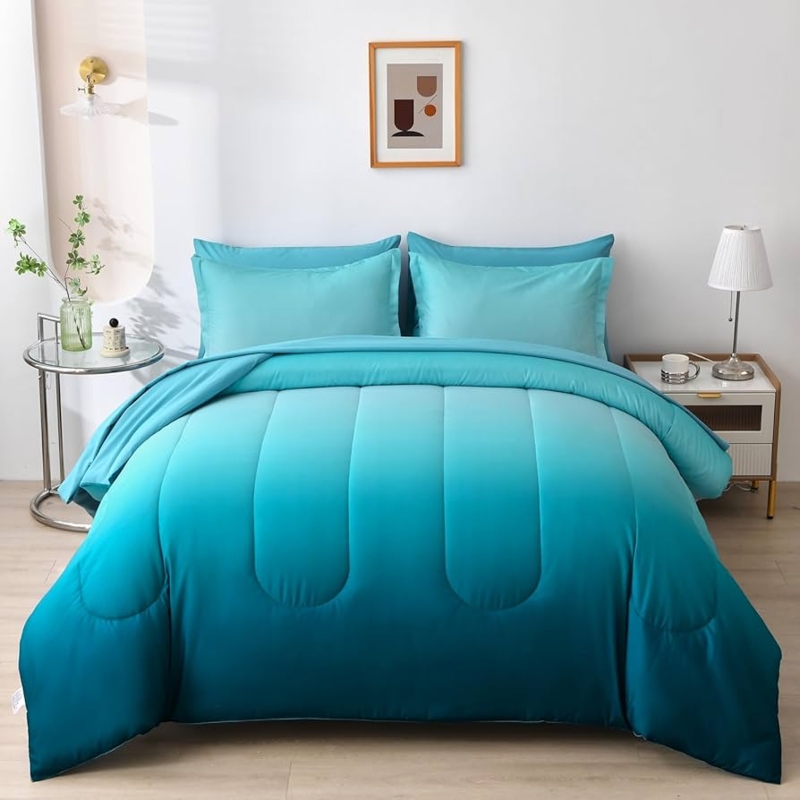 Comforter Set Teal White Gradient Ombre Design Bedding