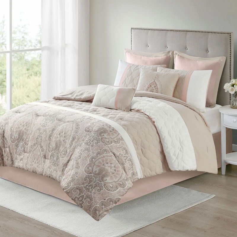 Comforter Set Textured Geometric Scrollwork Embroidery Pale Blush Bedding