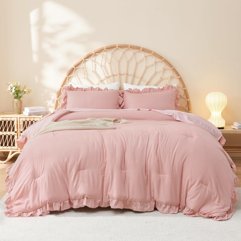 Comforter Set Tiered Ruffles Blush Pink Ruffled Edges Shabby Chic Bedding