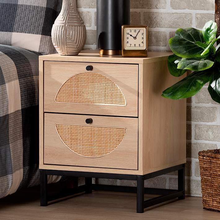 Compact Nightstand Block Legs Two Drawers Wood Tone