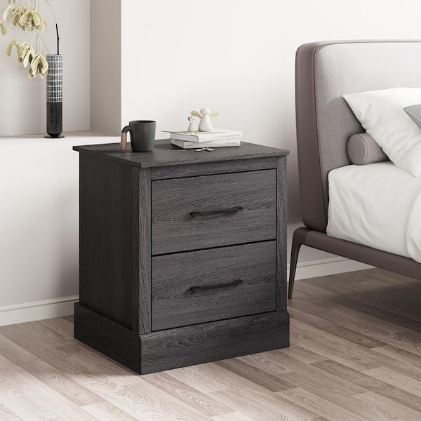 Compact Nightstand Dark Oak Finish Slim Black Hardware Modern