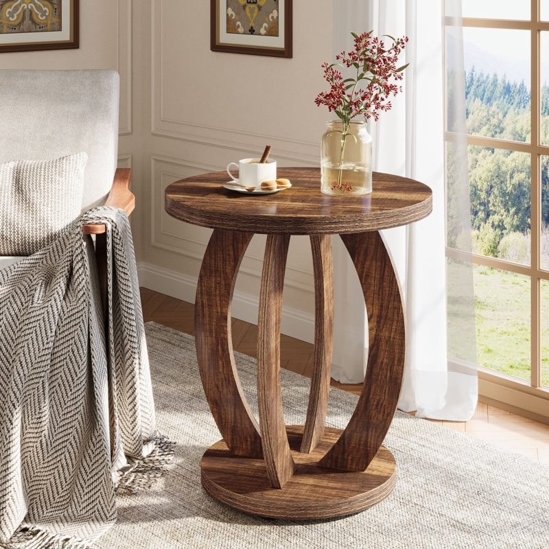 Compact Round End Table, Three-Tier Storage, Industrial Farmhouse