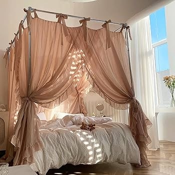 Complete Canopy Bed Kit with Dark Frame & Sheer Tie-Back Curtains