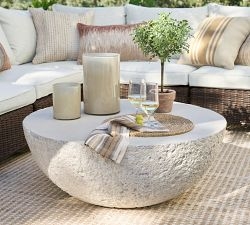 Concrete Outdoor Round Coffee Table Drum Base Pitted Surface