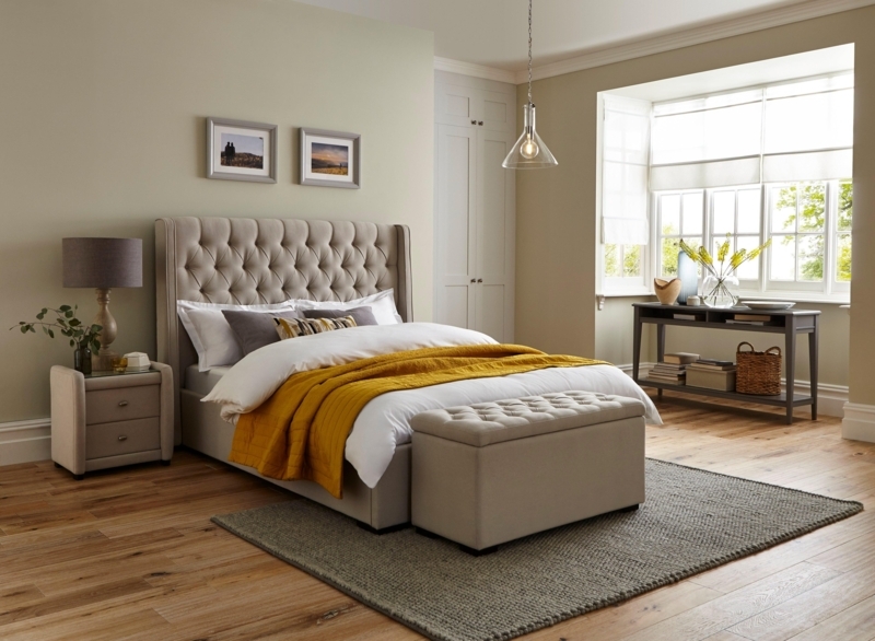 Contemporary Bed Frame Fluted Winged Headboard with Ottoman Set