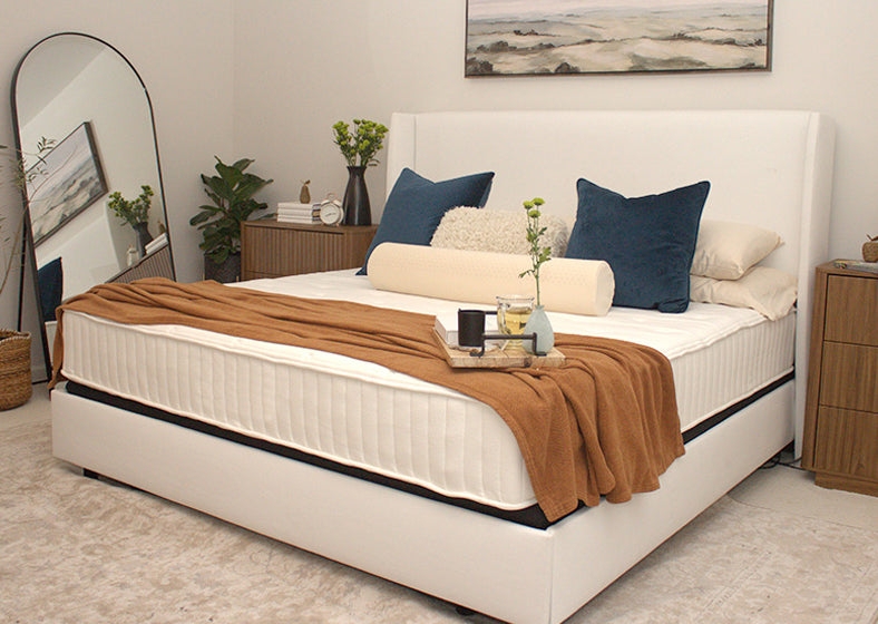 Contemporary Bed Vertically Channeled Headboard Circular Wall Detailing