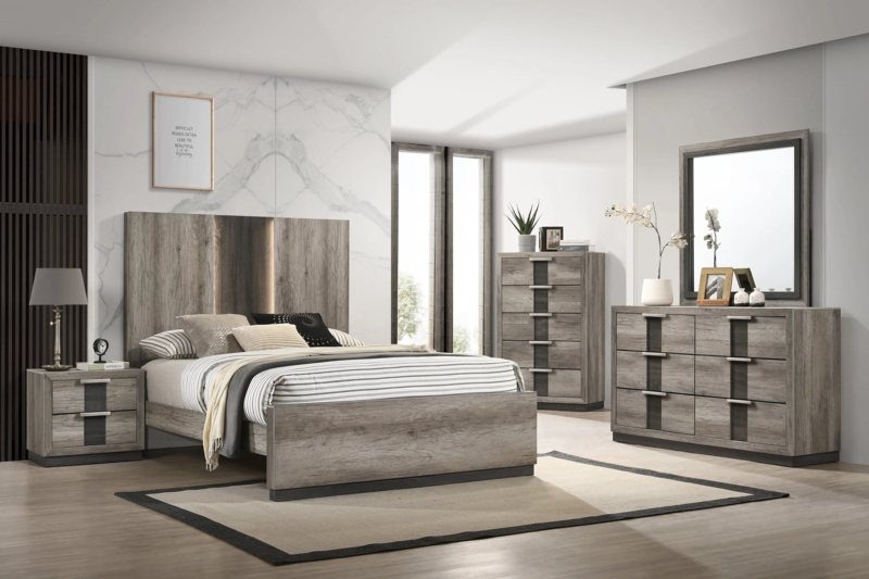 Contemporary Bedroom Set Espresso Finish Padded Headboard Dark Wood Suite