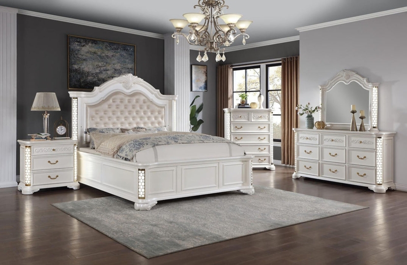 Contemporary Bedroom Set LED Headboard High Gloss White Finish