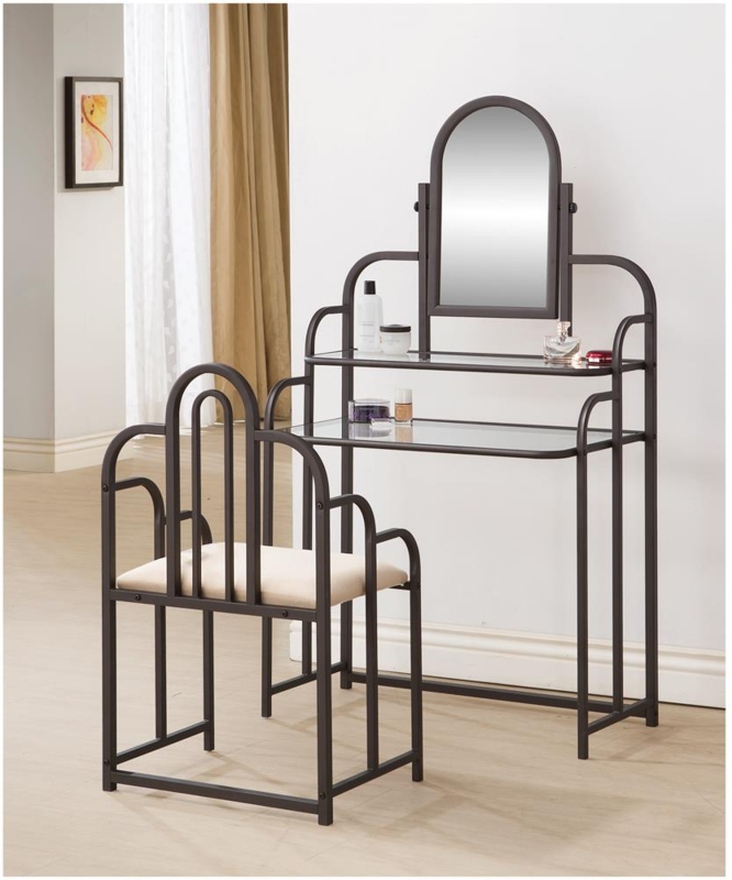 Contemporary Beige Vanity Set with Gold X-Base Legs and Fabric Drawers