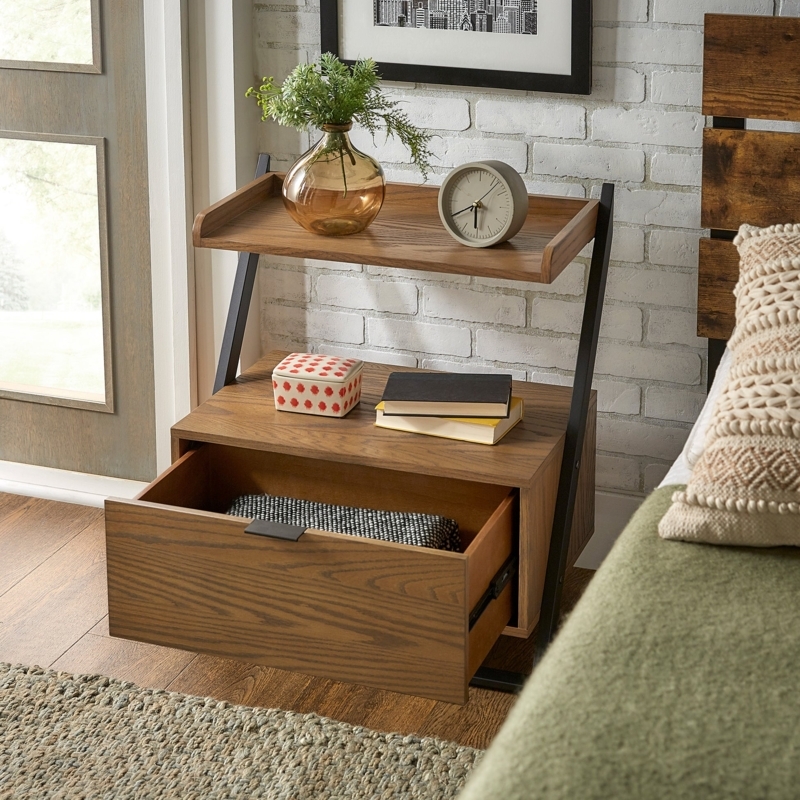 Contemporary Black and Wood Nightstand with Two-Tone Finish