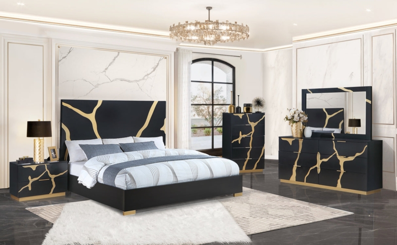 Contemporary Black Bedroom Set, Geometric Gold Hardware
