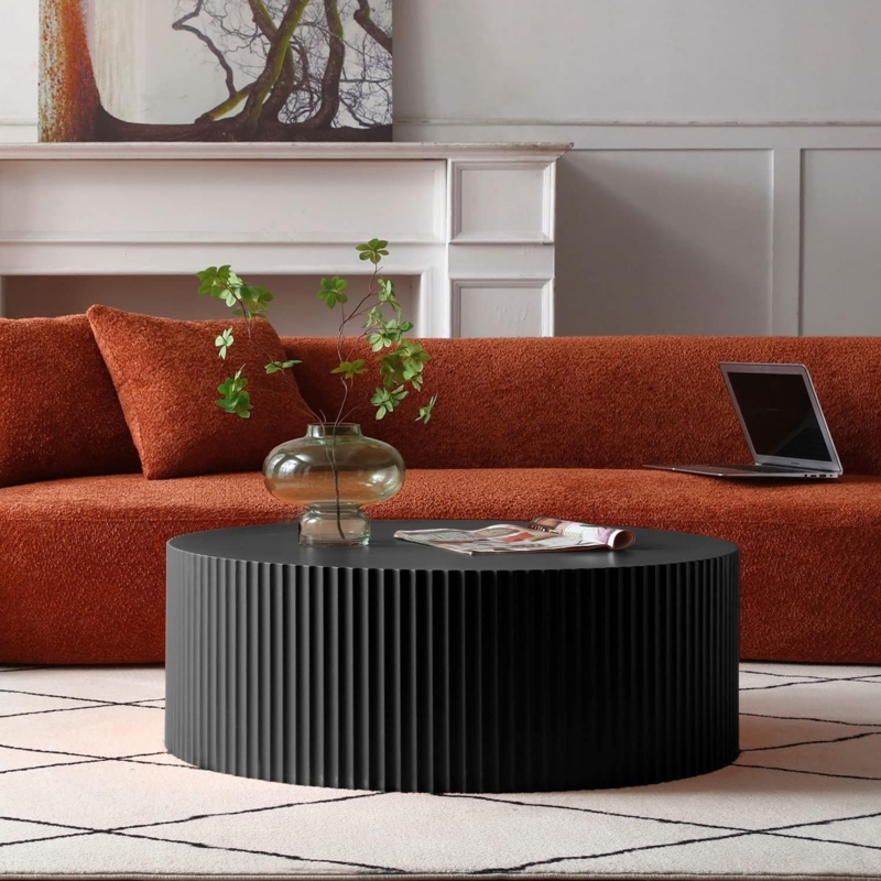 Contemporary Drum Coffee Table Ribbed Surface Texture Matte Finish