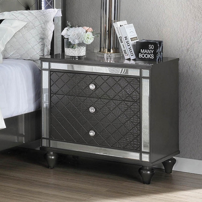 Contemporary Gray Nightstand with Mirrored Trim and Three Drawers
