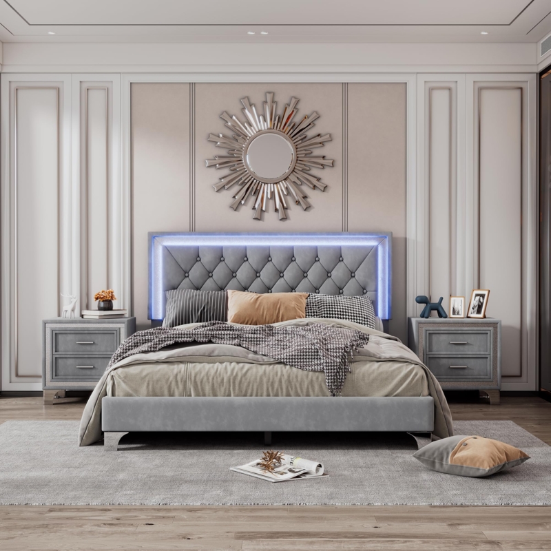 Contemporary Gray Upholstered Bedroom Set with Under-Bed LED Lighting