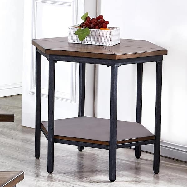 Contemporary Hexagonal End Table with Stone-Like Top and Metal Base