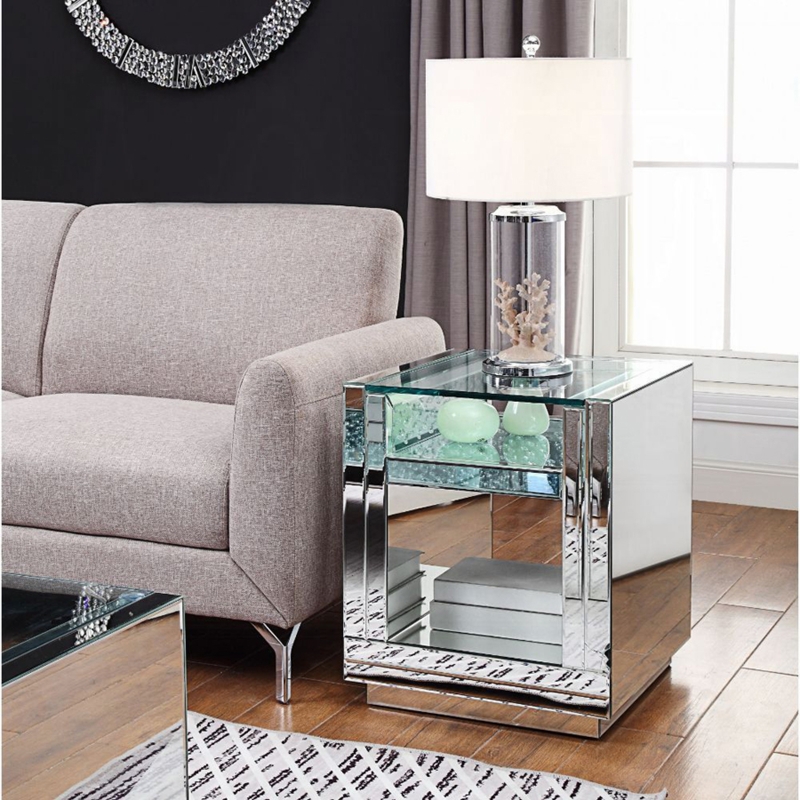 Contemporary Mirrored End Table Faux Crystal Shelf Accent