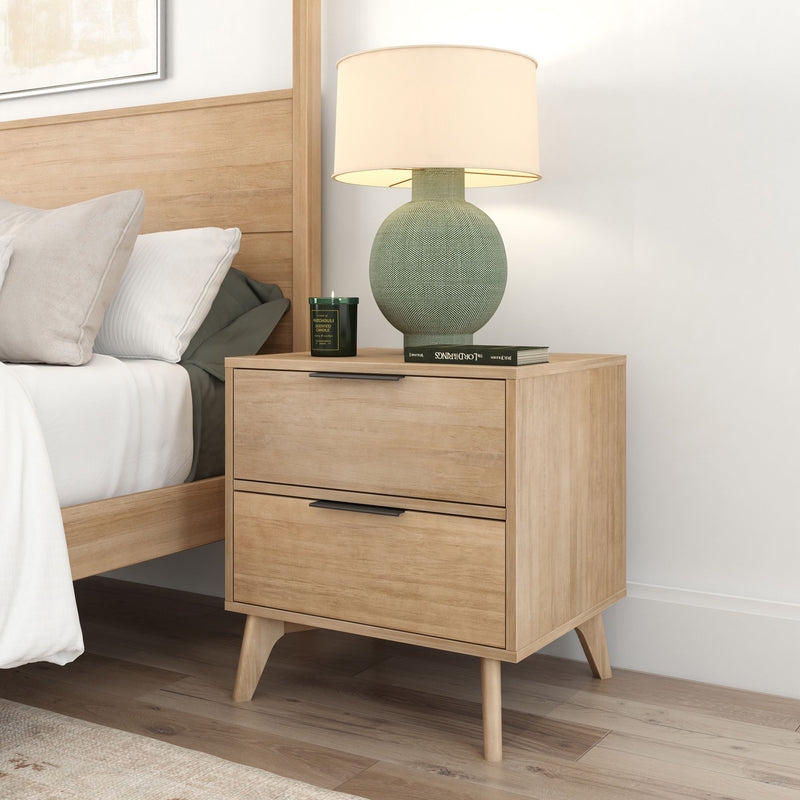 Contemporary Nightstand Recessed Plinth Base Visible Grain Two Drawers