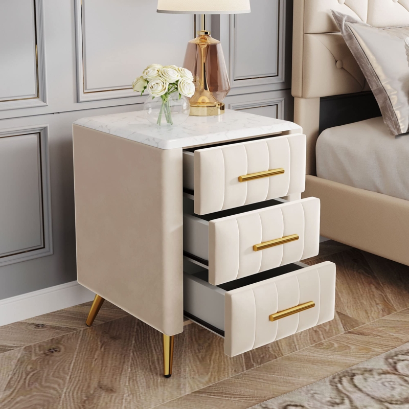Contemporary Nightstand with Faux Marble Top and Upholstered Body