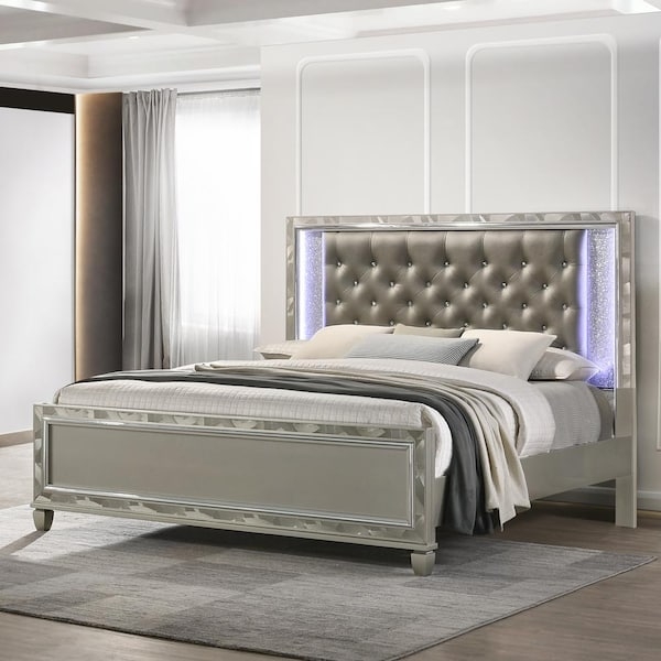 Contemporary Panel Bed with Mirrored Panel Headboard and Silver Finish