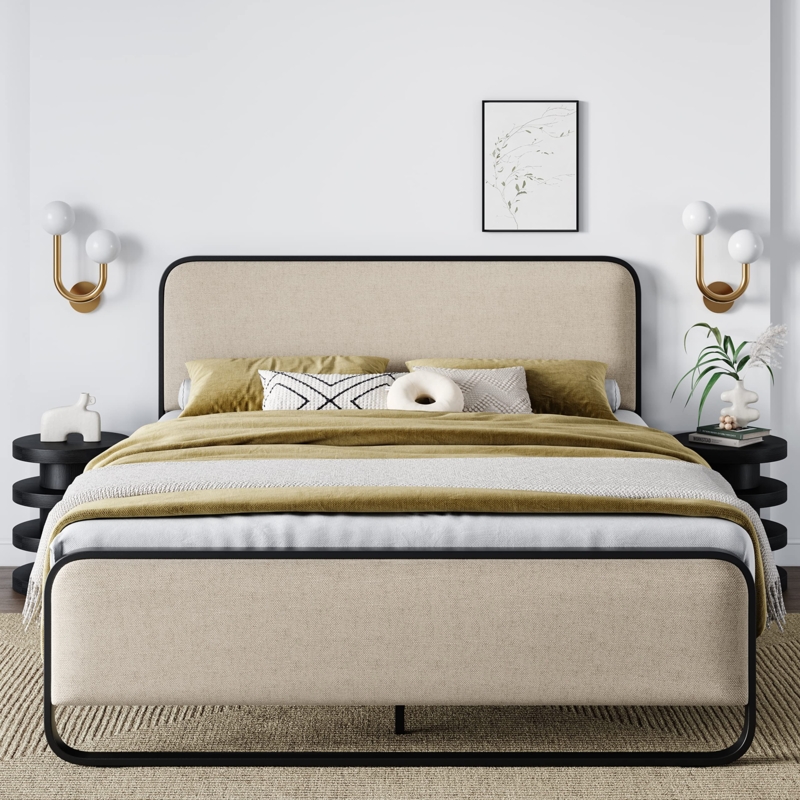 Contemporary Platform Bed Frame with Curved Beige Upholstery