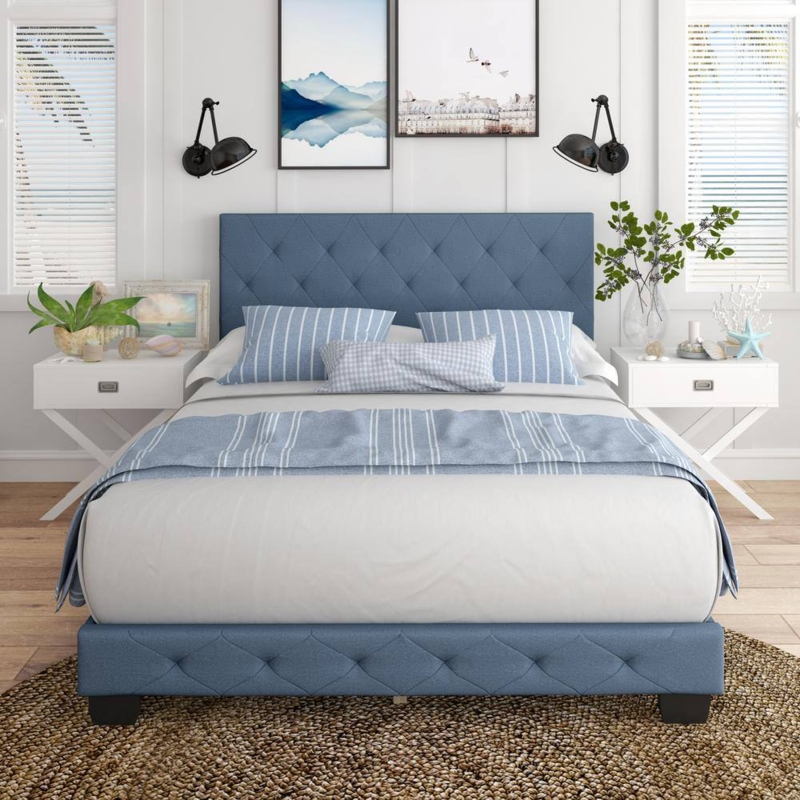 Contemporary Platform Bed Navy Blue Linen-Like Fabric Padded