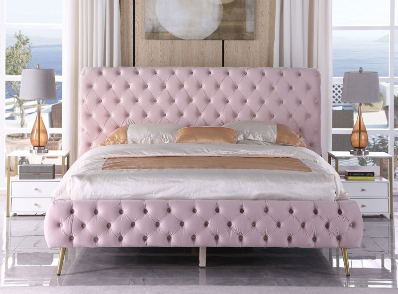 Contemporary Platform Bed, Slender Gold Legs Light Pink Velvet Channeled