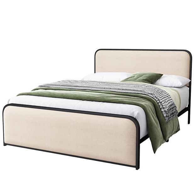 Contemporary Platform Bed with Curved Beige Upholstered Headboard
