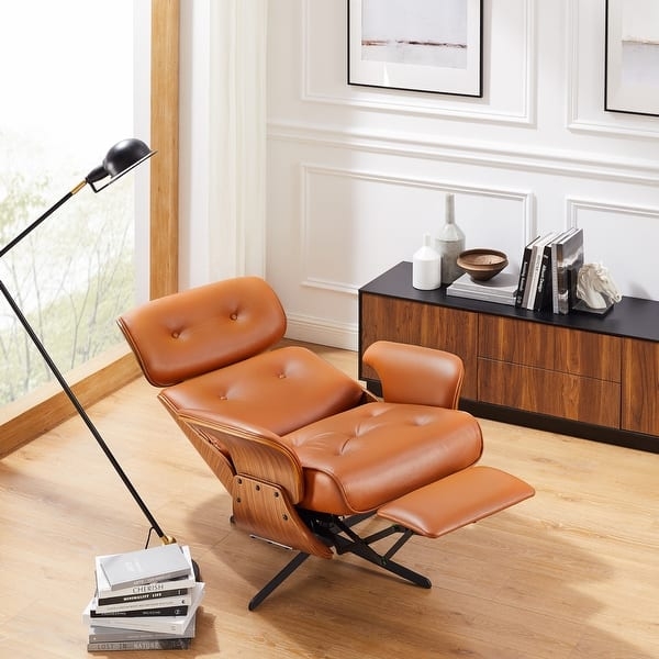 Contemporary Power Recliner Chair in Cognac Leather with Channel Tufting