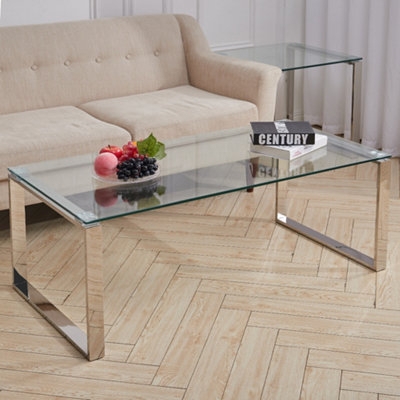 Contemporary Rectangular Glass Coffee Table with Polished Chrome X-Base