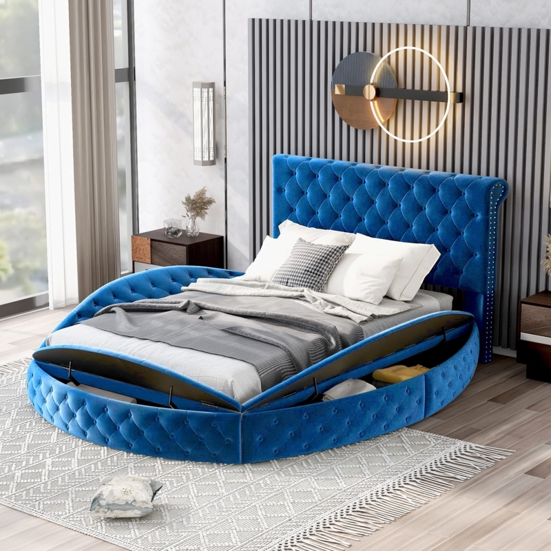 Contemporary Rounded Upholstered Bed with Storage Drawers