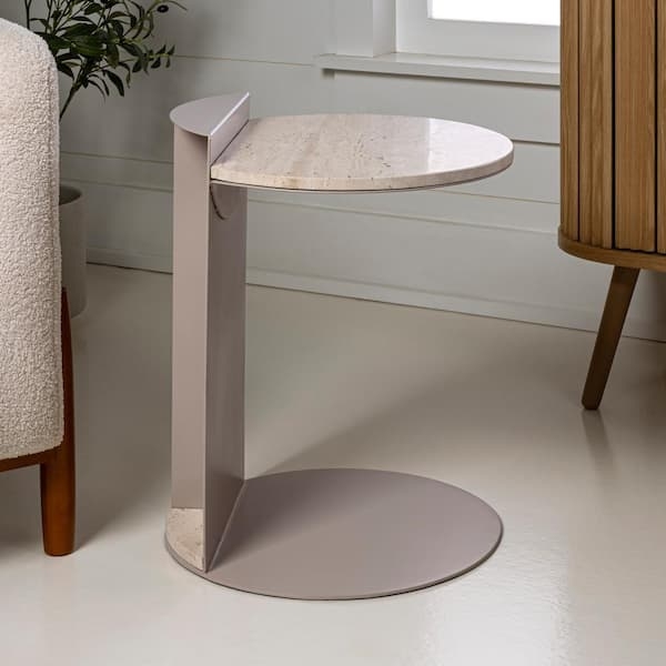 Contemporary Stone Top End Table, Round Pink Beige Marble, Black Base
