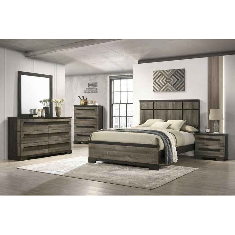 Contemporary Two Tone Bedroom Set Brown and Gray Finish Block Feet