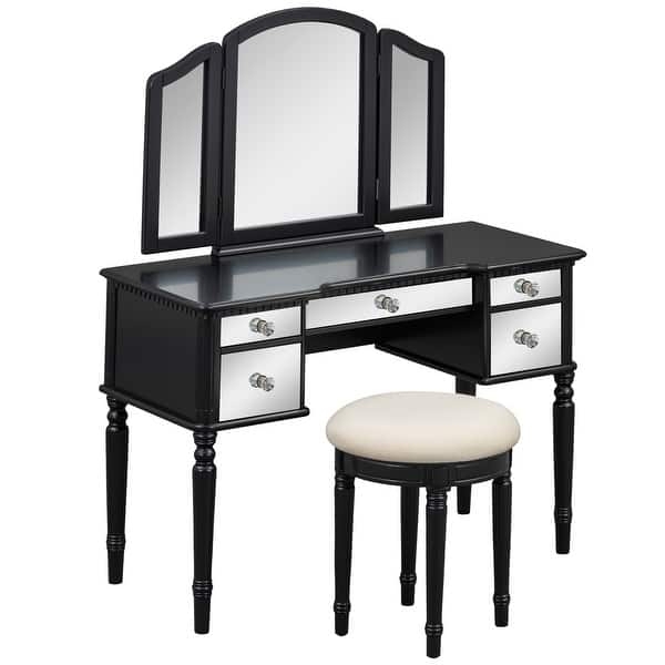Contemporary Vanity Set with Circular Mirror and Gold Accents
