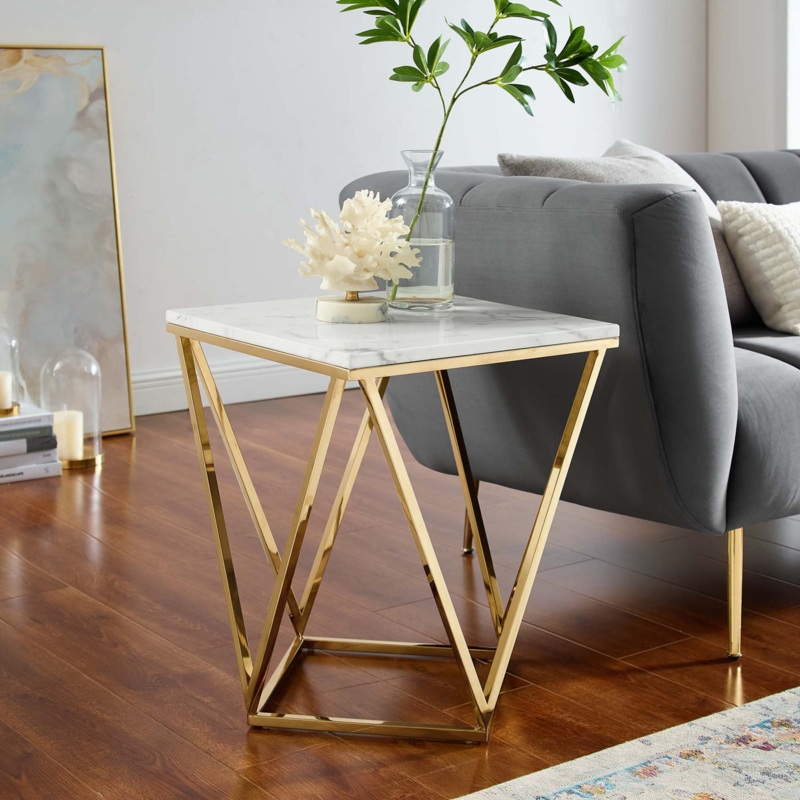 Contemporary White Circular End Table with Polished Gold Geometric Base