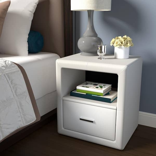 Contemporary White Faux Leather Upholstered Nightstand