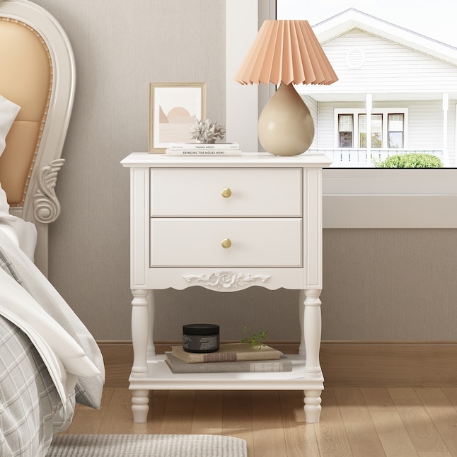 Contemporary White Nightstand with Gold Knobs Tapered Legs