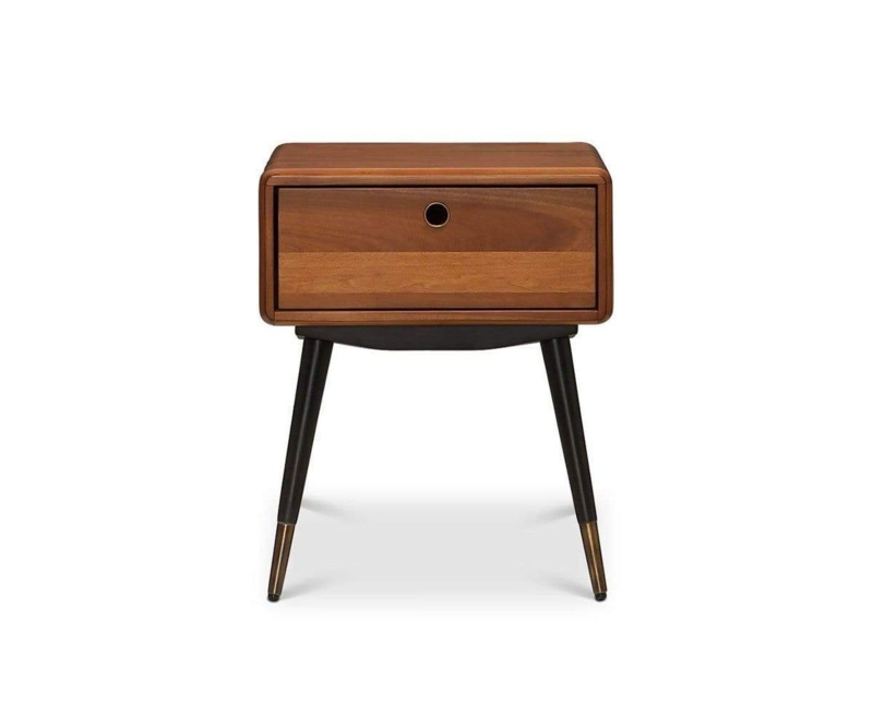 Contemporary Wood Nightstand Mitered Edges Integrated Pulls Tapered Legs