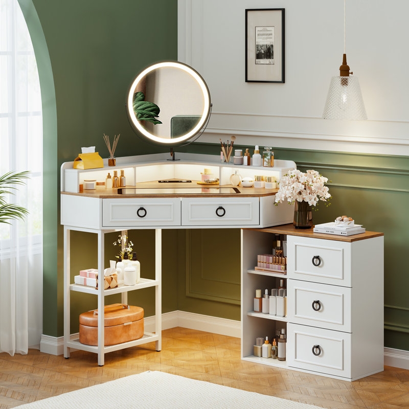 Corner Makeup Vanity Set with Glass Top Panels and Storage
