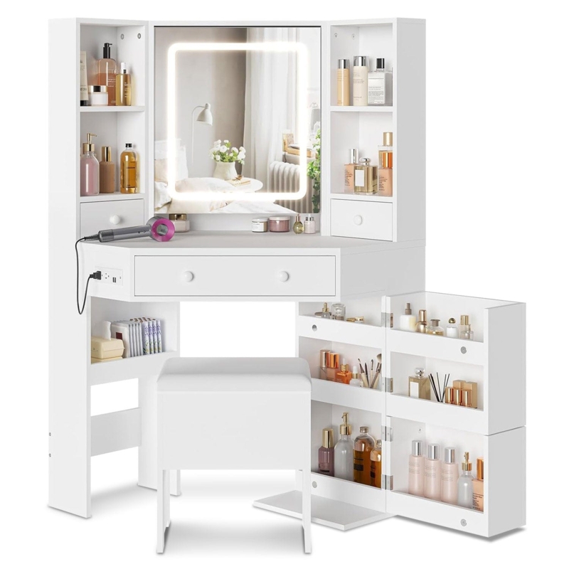 Corner Makeup Vanity Set with Tri-Fold LED Mirror and Storage Stool