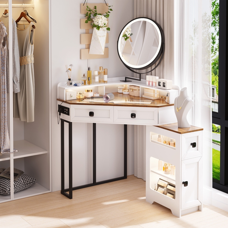Corner Makeup Vanity with Oversized Round Mirror, Space Saving Design
