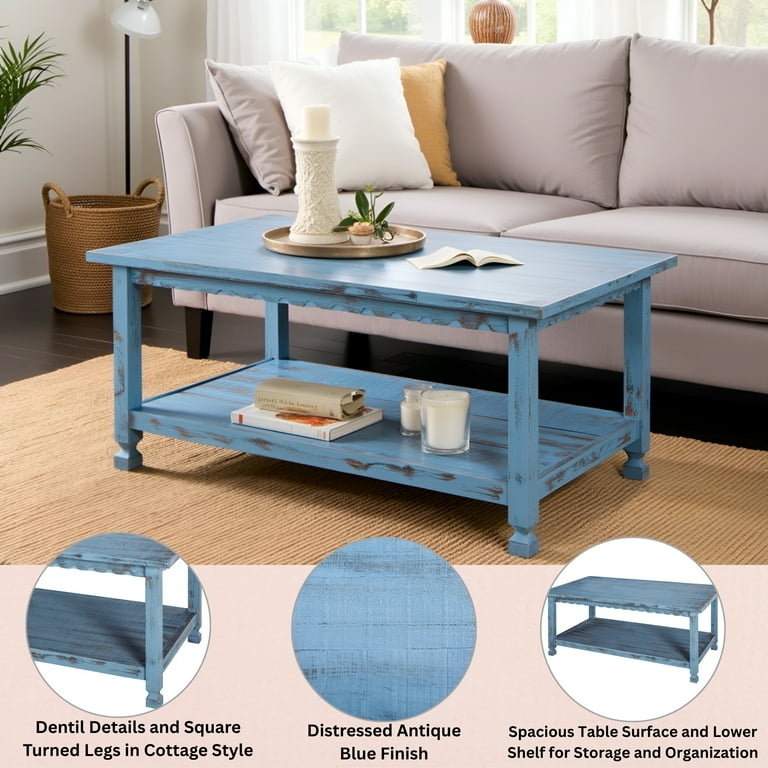 Cottage Coffee Table with Slatted Storage Shelf in Antique Blue