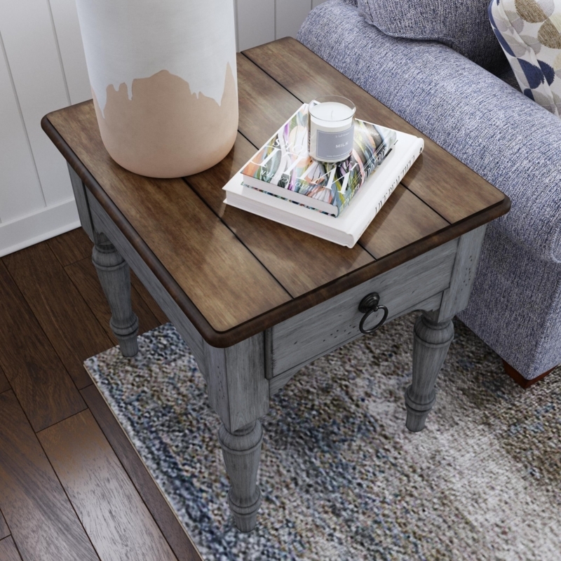 Cottage End Table Two-Tone Finish Turned Legs and Scalloped Apron