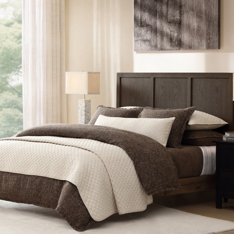 Coverlet Set, Cream Linen-Like with Crinkled Texture & Teal Accent