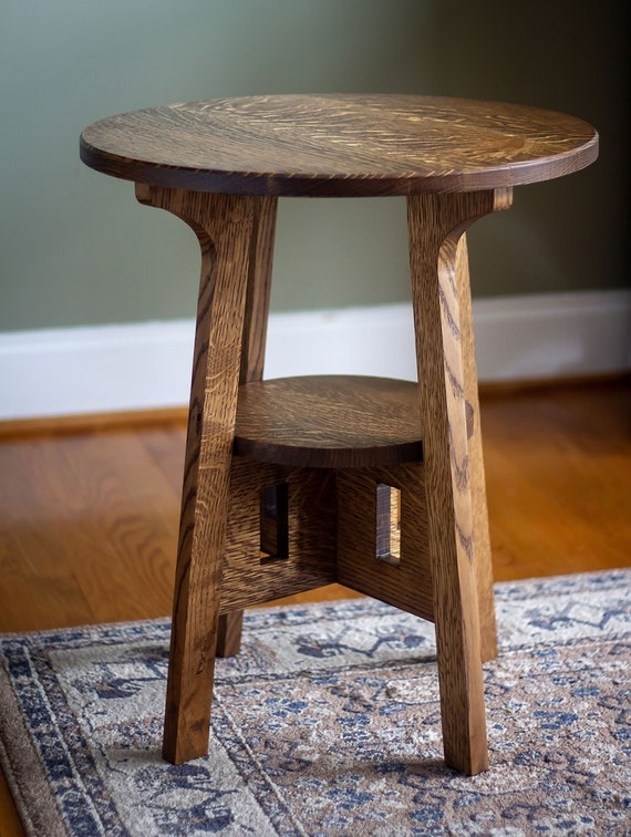 Craftsman Wood Side Table with Slat Sides and Overhanging Top