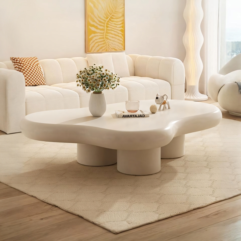 Cream and Wood Nesting Coffee Table Set Ribbed Base Minimalist Design