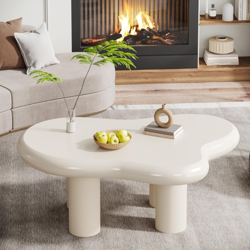 Cream Cloud Shaped Coffee Table with Chunky Legs, Scandi-Boho Style