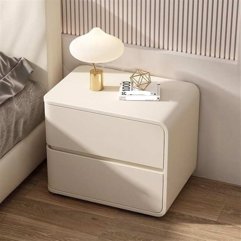 Cream Leather-Like Nightstand with Rounded Corners